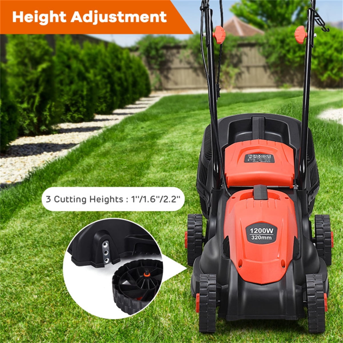 13-Inch Electric Lawn Mower 1200W, 3 Adjustable Cutting Heights 8 Gal Grass Box Lightweight 15.5LBS Push Mower for Garden Patio