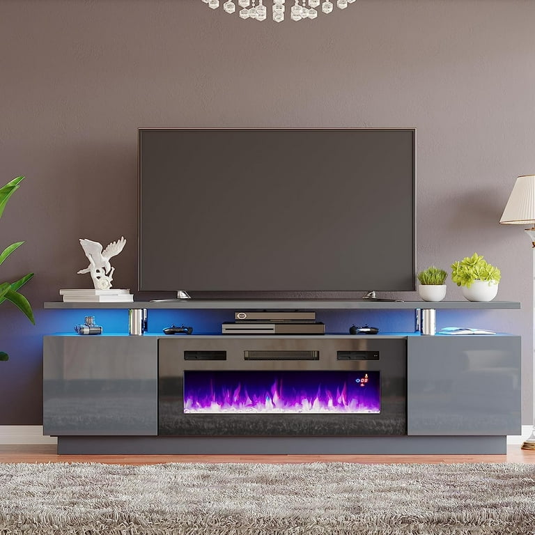 Fireplace TV Stand with 36 Fireplace, 70 Modern High Gloss Entertainment  Center LED Lights, 2 Tier TV Console Cabinet for TVs Up to 80, Obsidian