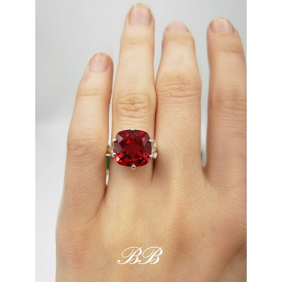 8mm - 12mm Lab-Created Red Ruby Cushion Cut, 6-Prong Solitaire Ring, Sterling Silver