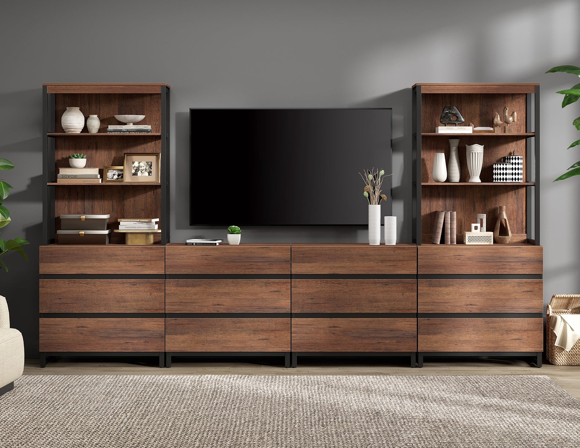 WAMPAT Modern TV Stand, 3-Tier Bookshelf & Farmhouse Entertainment Center with 12 Drawers, Adjustable Shelf & Black Metal Legs, Living Room Media,Console,Brown