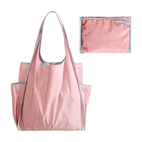 Large Capacity Foldable Shopping Tote Bag with Water Bottle Pocket, Waterproof Reusable Grocery Bag, Portable Collapsible Shoulder Bag for Travel, Beach, Shopping