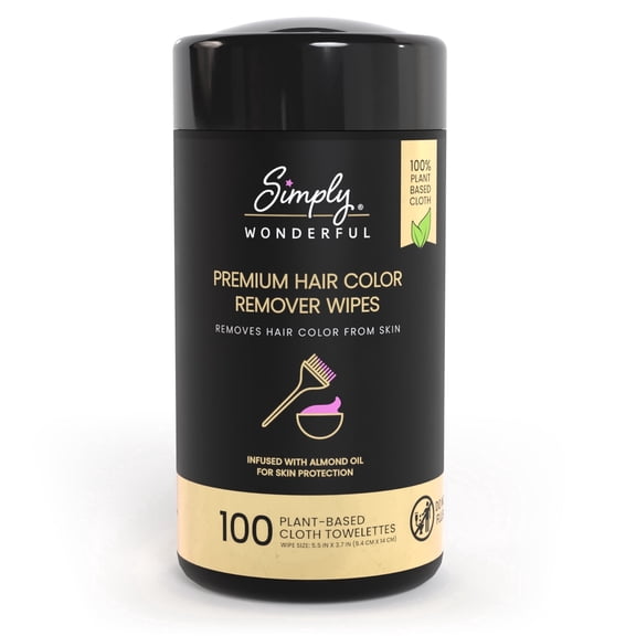 Simply Wonderful Hair Color Remover Wipes, 100 Count Canister, Salon & At-Home Hair Dye Stain Remover for Skin, Professional Hairline Cleanup Wipes, Almond Oil Infused, Fragrance Free