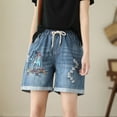 thumbnail image 2 of Women's Ripped Jeans Shorts High Waisted Stretchy Summer National Wind Embroidery Sloping Thin Loose Old Waist Denim Casual Summer Jean Shorts M-XL, 2 of 3