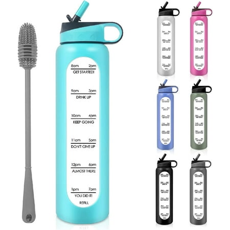 

32 Oz Borosilicate Glass Water Bottle with Time Marker & Straw with Bottle Brush - Leakproof Reusable & Bpa Free Motivational Glass Water Bottles for Fitness Gym Outdoor Sports & Daily Use