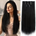 thumbnail image 1 of Extensiones de cabello con clip StrRid negro extensión recta 22 pulgadas de largo sintético grueso rubio clips en postizos para mujeres 5 piezas invisible rizado ondulado 18 pulgadas niñas marrón rojo, 1 of 5