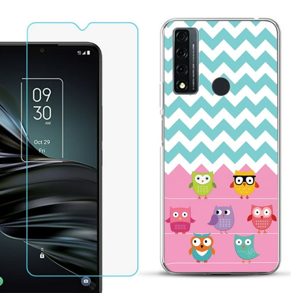Slim-Fit Fashion Phone Case for TCL 20 XE, with Tempered Glass Screen Protector, by OneToughShield ® - Chevron/Teal/Owl