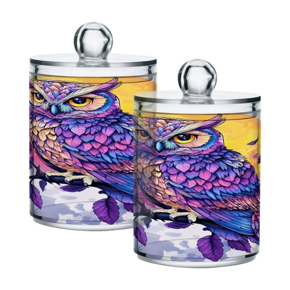 WOBOGO Vivid Purple Owl Transparent Plastic Jar 2pcs Cotton Swabs Balls Pads Floss Stick Dispenser Bathroom Vanity Storage Organizer
