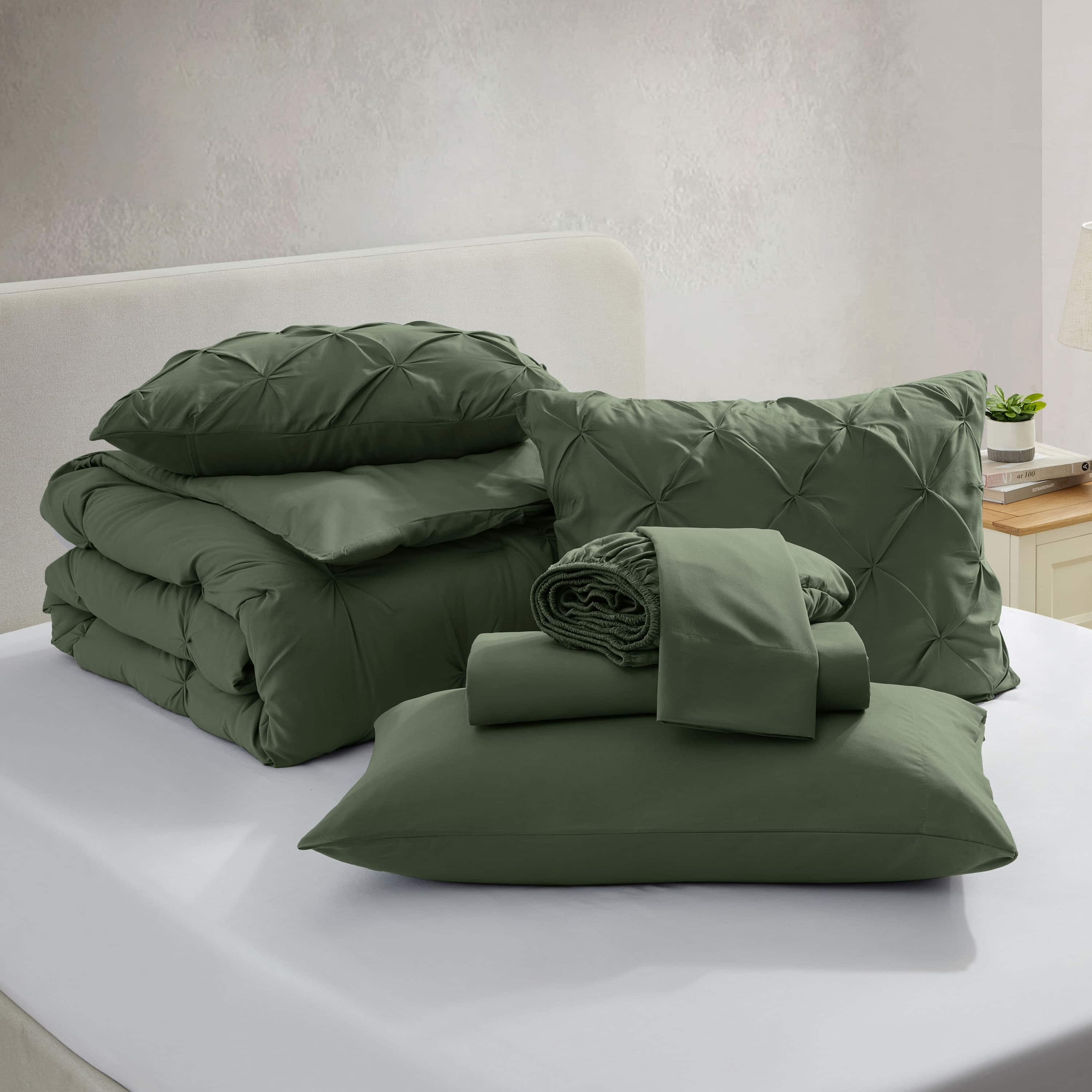 LammaLoe California King Size comforter Sets, 7 Piece Bed In A Bag Pintuck Bedding Sets, Olive Green