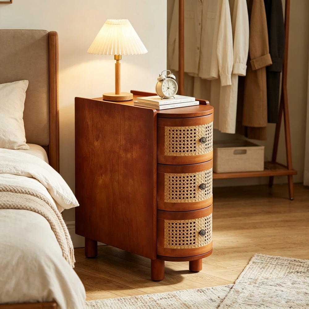 Solid Wood Rattan 3-Drawer End Table, Quick Partial Assembly Nightstand Side Table with Metal Pull Handles for Living Room Bedroom
