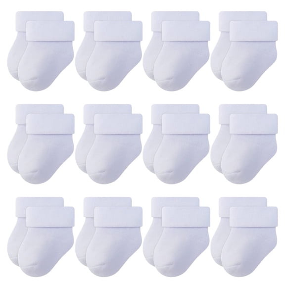 RATIVE Newborn Socks Thick Terry Turn Cuff Socks for Unisex Baby Boy and Girl (0-6 months, 12-pairs/white)