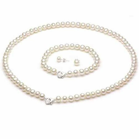 8-9mm White Freshwater Pearl Heart-Shape Sterling Silver Necklace (18), Bracelet (7) Set with Bonus Pearl Stud Earrings