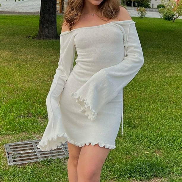 Vestido Vestido sin espalda para mujer Jersey de punto elegante vestido corto de fiesta (blanco L) Ygjytge Blanco T L para Mujer