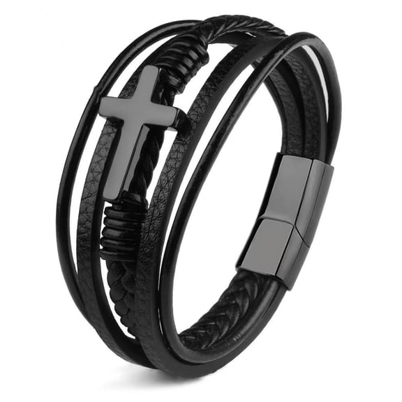 DESIGNICE Stainless Steel Braided Leather Bracelet for Men Cuff Bangle Cross Magnetic Clasp