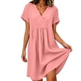 thumbnail image 5 of Ayolanni Dresses for Women Short Sleeve Solid V Neck A-Line Midi Dress Vacation Cotton Flowy Dressy Dress with Pockets Pink L, 5 of 9