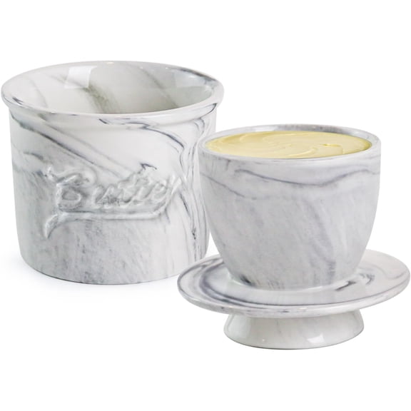 Butter Crock for Counter with Water, French Butter Keeper for Spreadable Butter Marble Ceramic Butter Dish with Lid for Countertop, Butter Container Holder
