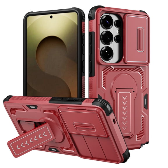 Heavy Duty Case for Samsung Galaxy S26 Ultra, Military Grade Dual Layer Hybrid Cushioning Rubber PC Case with Sliding Camera Cover, Built-in Stand Rugged Cover for Galaxy S26 Ultra - Red