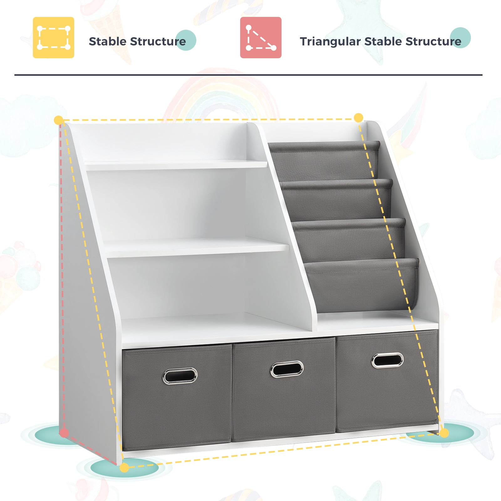 AACULPET Montessori Bookshelf and Toy Storage Organizer, 3-in-1 Wood Bookshelf with 3 Fabric Toy Bins & Sling Book Rack for Baby Toddler, Kids Bookcase with Toy Storage for Nursery Playroom Classroom