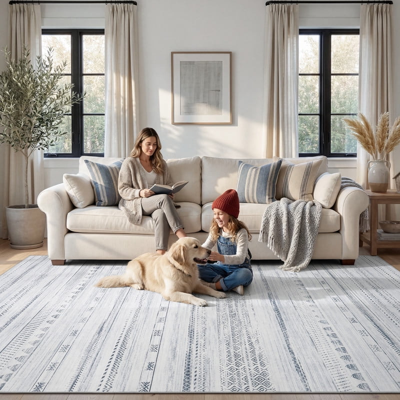 VUNATE 5'x7' Area Rugs for Living Room Washable Rugs Boho Moroccan Area Rug Soft Neutral Geometric Bohemian Carpet Distressed Indoor Rug for Bedroom Dining Room Office Foldable Nonslip Rug Blue