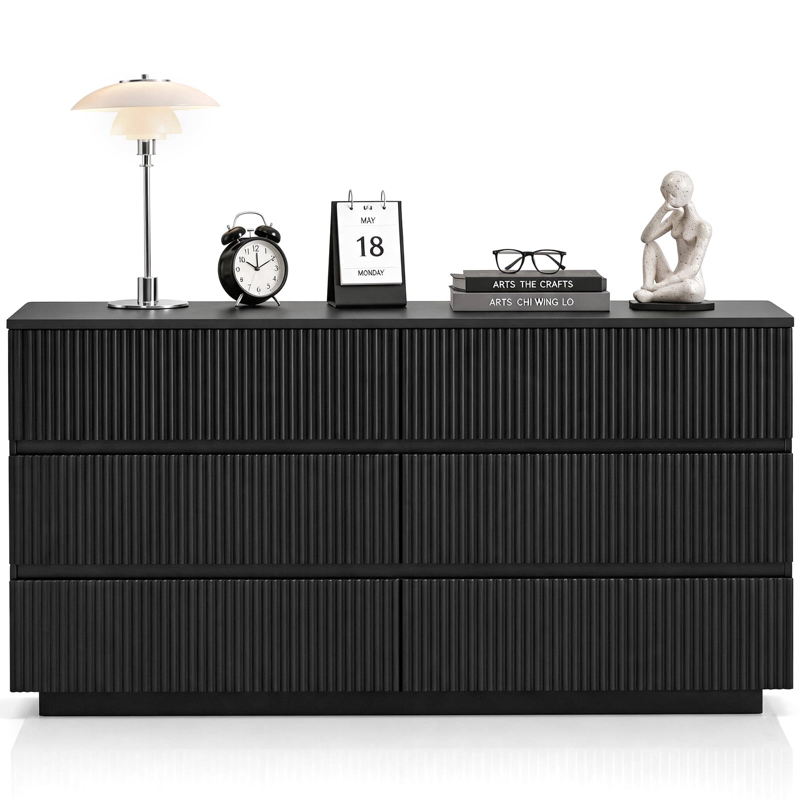 Handleless 6-Drawer Dresser with Grille Finish P2 Particleboard + MDF & Melamine Veneer + Vacuum-Formed Bedside Table 55.12*15.75*27.95in Black