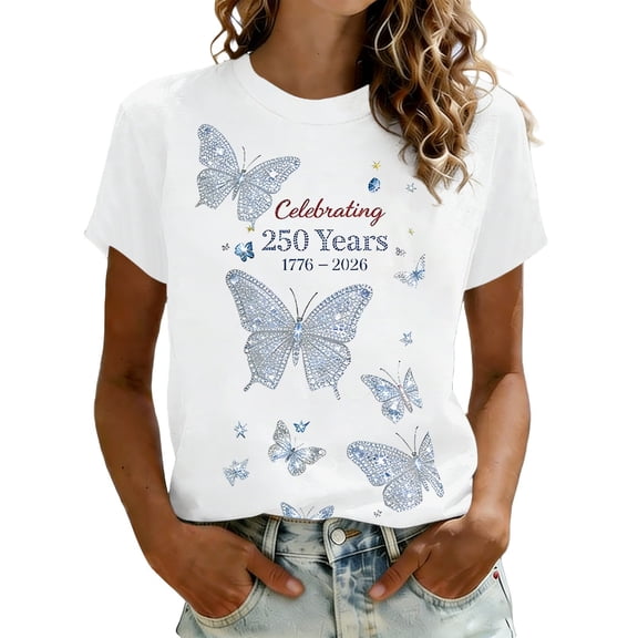 Puliio Womens 250th Anniversary USA T-Shirt Celebrating 250 Years 1776-2026 Butterfly Graphic 4th of July Tshirt Crewneck Patriotic Tee
