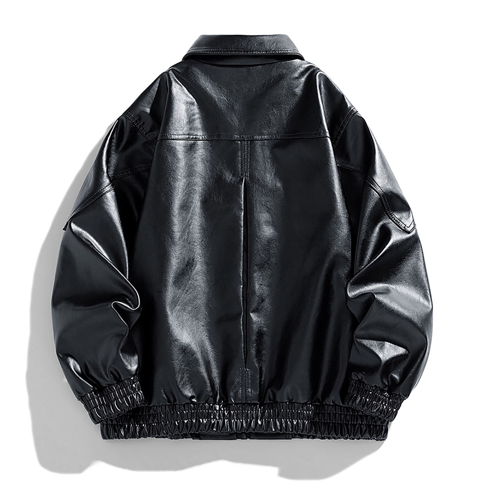 HOOMEUMY Mens Faux Leather Jacket Workout Drop Shoulder Clothes Fashion 2025 Trendy Classic Solid Coat Turndown Collar Design Vintage Loose Fit Biker Outwear Pockets Jacket Casual Black M