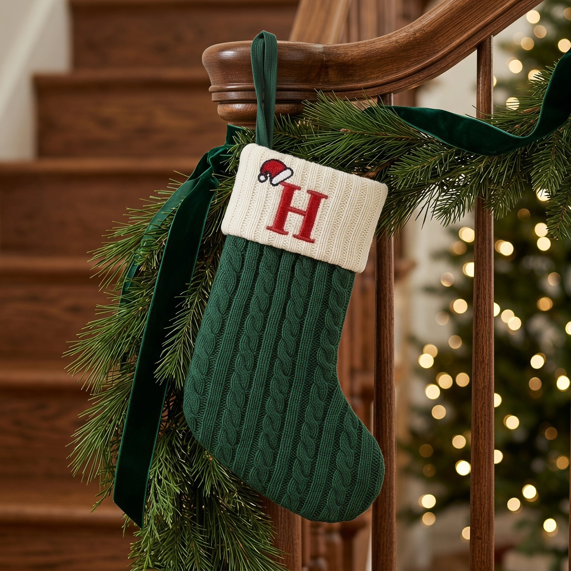 Unique Bargains Christmas Luxury Grand Hearth Accent Stocking Green Letter H 8"