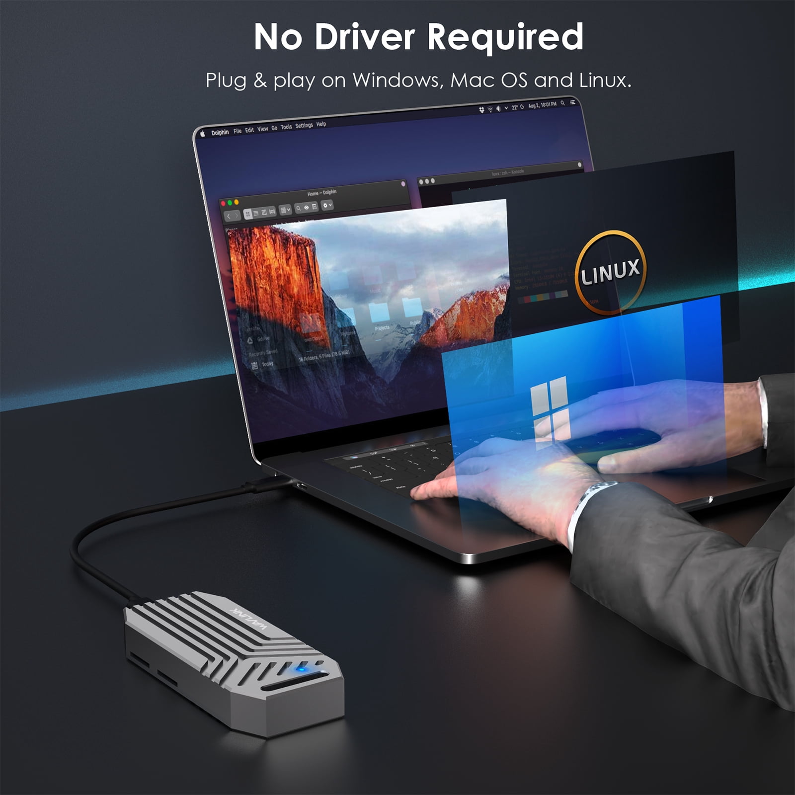 WAVLINK 40Gbps USB4 NVMe SSD Enclosure - Thunderbolt 4/USB4 Compatible, 8TB Support, 3800MB/s Speed, Aluminum Cooling Fan for M.2 PCIe NVMe 2280 SSD (Mac/Windows/Linux)