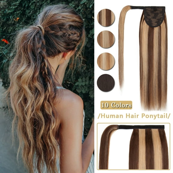 SEGO Clip in Hair Extensions 100% Remy Human Hair Wrap Around Ponytail Extension Thick Long Straight Black Hairpiece with Comb Magic Paste Pony Tail