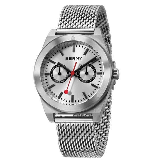 BERNY Silver Watch for Men, Classic Vintage Quartz Analog Watch with Day & Date Calendar, Stainless Steel Mesh Band, Luminous, Waterproof, Fashion Sport Casual Men's Wrist Watches (White)