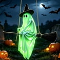 thumbnail image 4 of Aurorax Early Halloween Decorations Outdoor,Hanging Ghost Decor,Flying Ghost on Broomstick with Witch Hat 5ft Remote Control Light-Up Spooky Cute for Front Porch Yard Tree Green, 4 of 6
