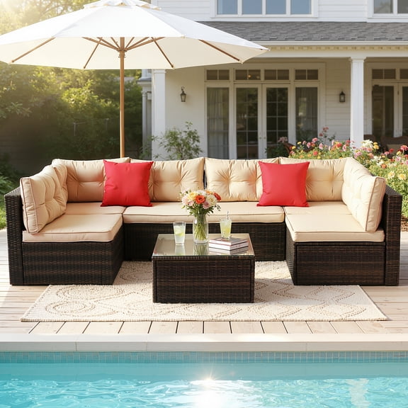 Patio Outdoor Furniture Sets, 7 Pieces All-Weather Rattan Sectional Sofa with Tea Table & Cushions, PE Rattan Wicker Sofa Couch Conversation Set for Garden Backyard Poolside