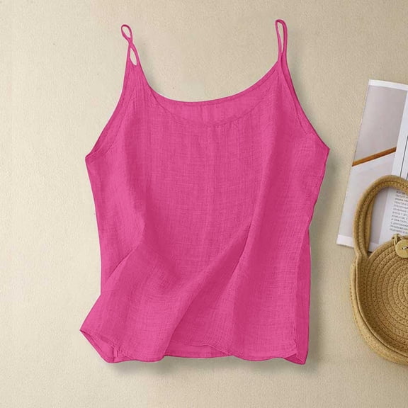 Pink Cotton Linen Camisole Tops for Women Spaghetti Strap Loose Fit Tank Top Summer Casual Sleeveless Shirts