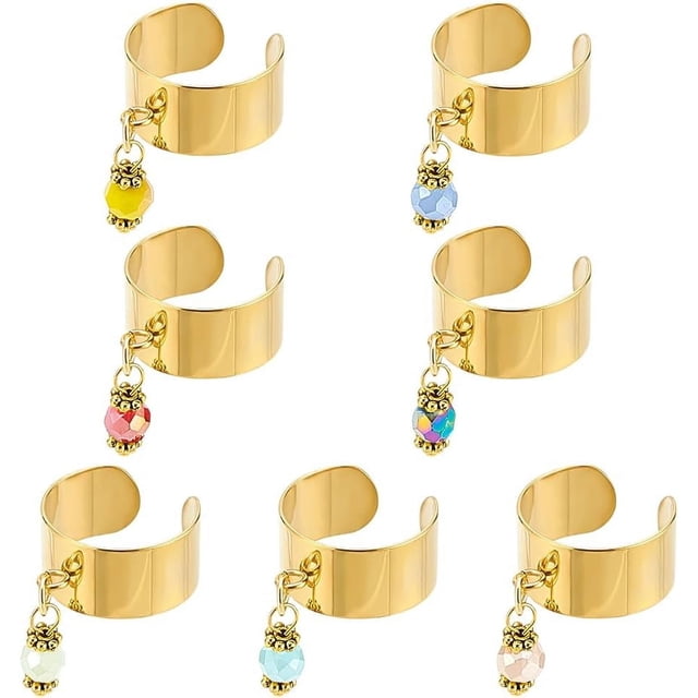 7 anillos ajustables de acero inoxidable con dijes de vidrio facetado, anillo de mujer de 7 colores, anillos dorados ajustables, anillo con colgantes, anillos abiertos para los dedos.