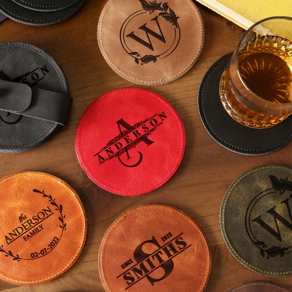 Set of 2 Personalized Leather Coasters – Handmade Custom Engraved Round Drink Mat