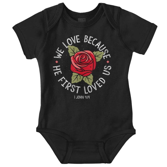 Christian We Love Because of Him Rose Romper Boys or Girls Infant Baby Brisco Brands NB