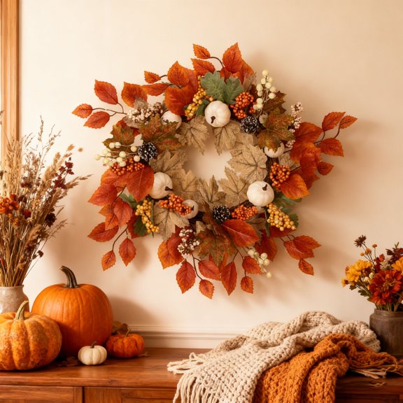 Fall Decor, Fall Wreaths for Front Door Outside, 18" Autumn Wreath with Berries Maple Leaf, Garland for Halloween, Thanksgiving Farmhouse Front Porch Patio Decoration