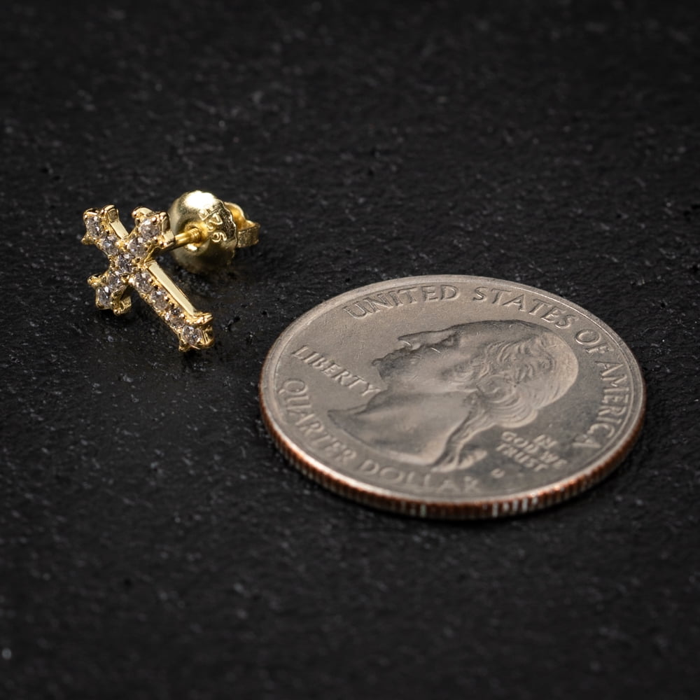 Small Mens Women's Prong Set Iced 5A Cz Hip Hop Yellow Gold 925 Sterling Silver Screw Back Post Hypoallergenic Crucifix Ice Out Cubic Zirconia Gothic Cross Stud Earrings