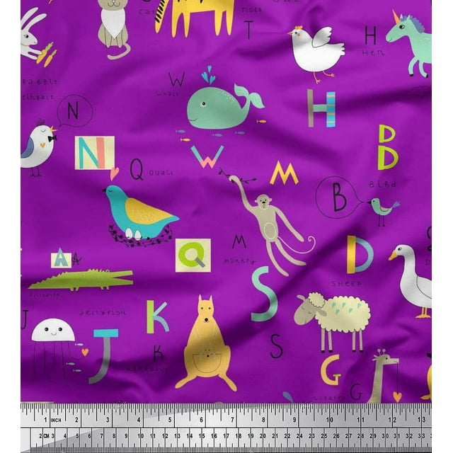 Soimoi Rayon Fabric Alphabets,Birds & Animals Kids Printed Fabric 1 Yard 56 Inch Wide
