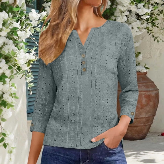 Xuyuer Womens V Neck Shirts 3/4Sleeve Lightweight Ribbed Knit Pullover Sweater Blouse Tops with Buttons Oufits
