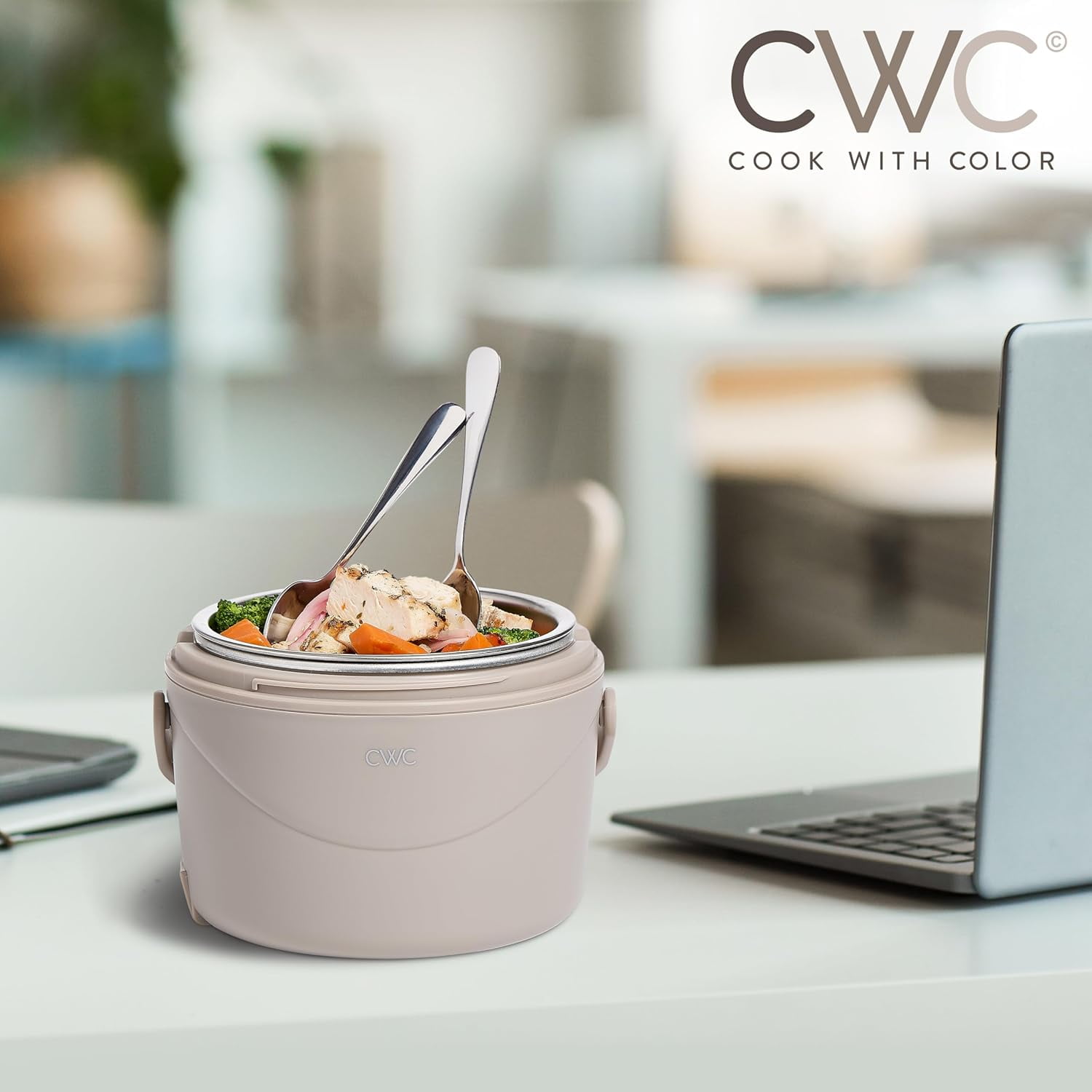 COOK WITH COLOR Round Electric Lunch Box Portable Food Warmer, 1.1L Capacity, Sand