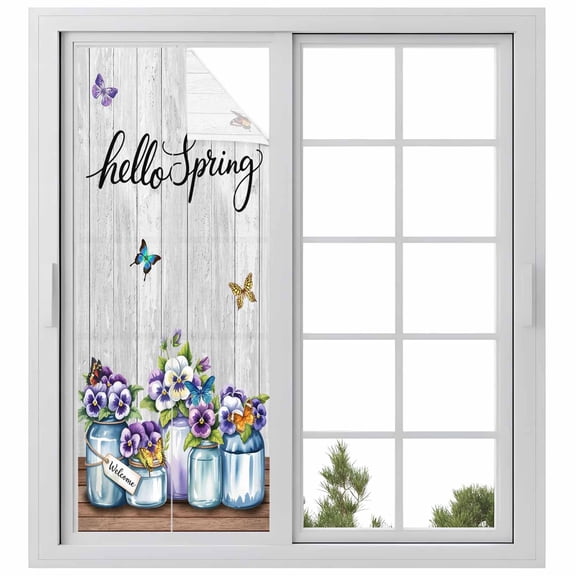 Hello Spring Window Privacy Film, Pastoral Purple Bottle Floral Gray Wooden Static Cling UV Sun Blocking Heat Control Window Tint Day and Night, Non-Adhesive One Way Windows Privacy Cover 23.6''x59''