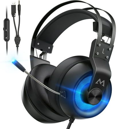 Mpow Gaming Headset with Noise Cancelling Mic for PC PS4 Xbox One, 7.1 Stereo Bass Surround Sound, RGB LED Light, 3.5mm & USB Wired over Ear Headphones