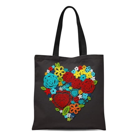 Crochet Hobo Handbag - SIDONKU Canvas Tote Bag Red Valentine Heart Knitted Flowers Lace Crochet Ethnic Made Reusable Shoulder Grocery Shopping Bags Handbag