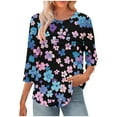 thumbnail image 2 of JTZGDY Women's 3/4 Length Sleeve Tops Dressy Casual Ruched Pleated Blouses Cute Floral Printed Crewneck Graphic T-Shirts Loose Curved Hem Tunic Fall Outfit Tshirts Clothes Navy#04 XL, 2 of 7