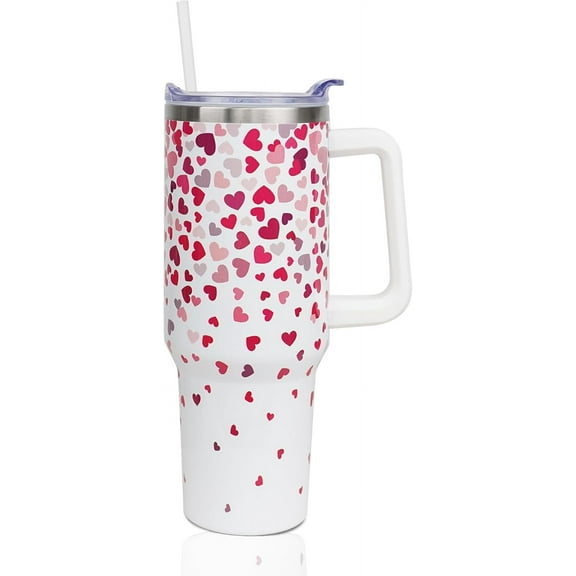 Valentines Tumbler 40 oz - Insulated Stainless Steel Cup with Handle, Straw & Leak Proof Lid - Heart Design Reusable Water Bottle - Valentines Gifts for Her
