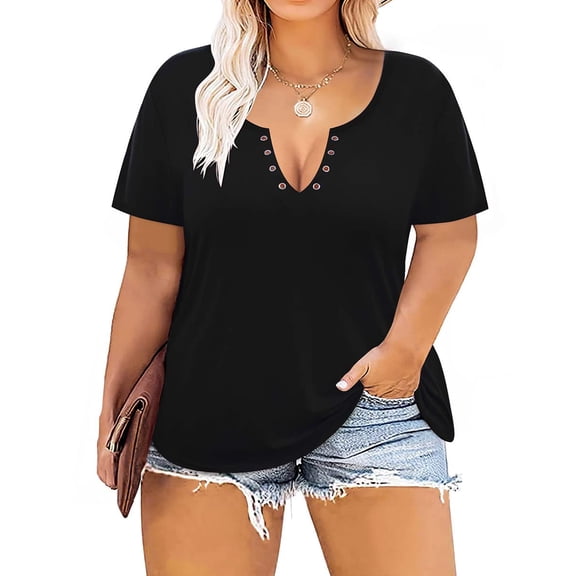 TIYOMI Plus Size Tunic Tops Buttons Short Sleeve Summer Sexy Henley Deep V Neck Raglan Plain Solid Color Waffle Casual Loose Fit Shirt Black 3XL 22 24 Plus