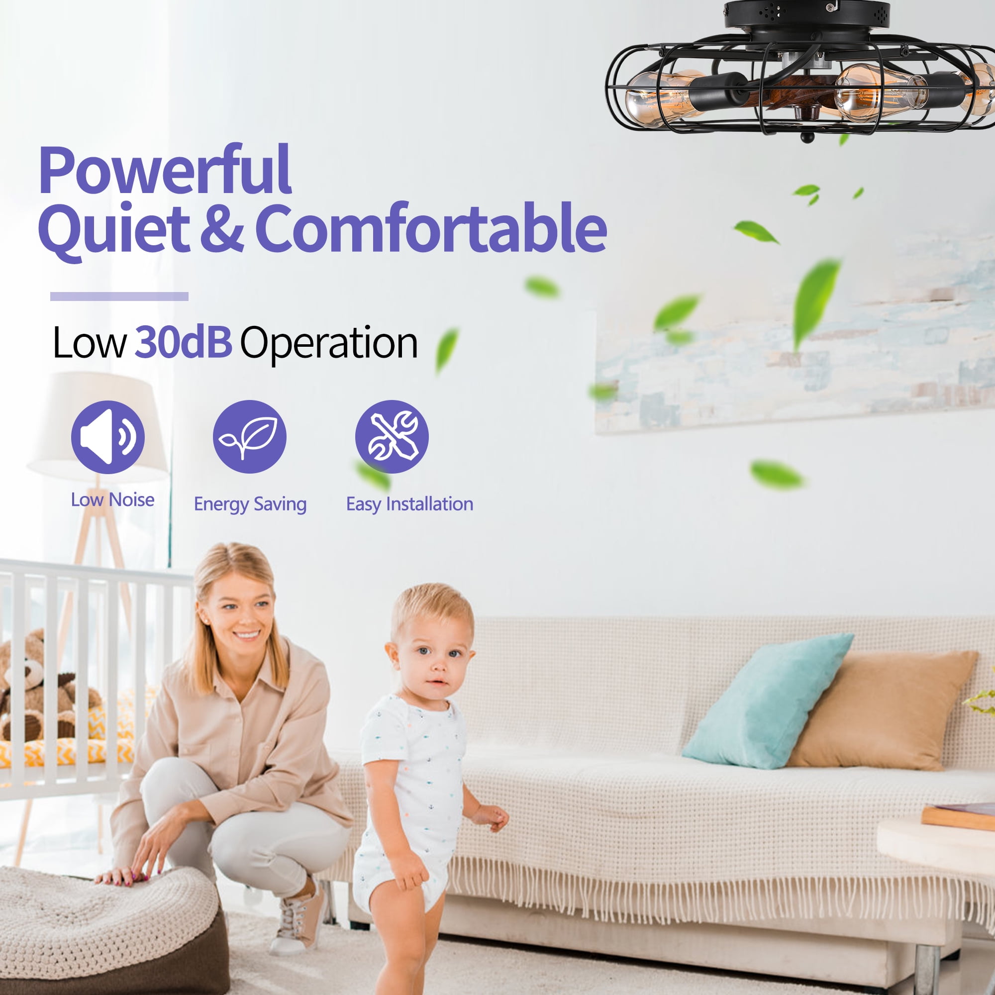 GCGAFUL 19.7 Inch Ceiling Fan with 5 Lights and Remote, Black Low Profile Flush Mount Caged Fan Light, Farmhouse Fan for Bedroom Kitchen