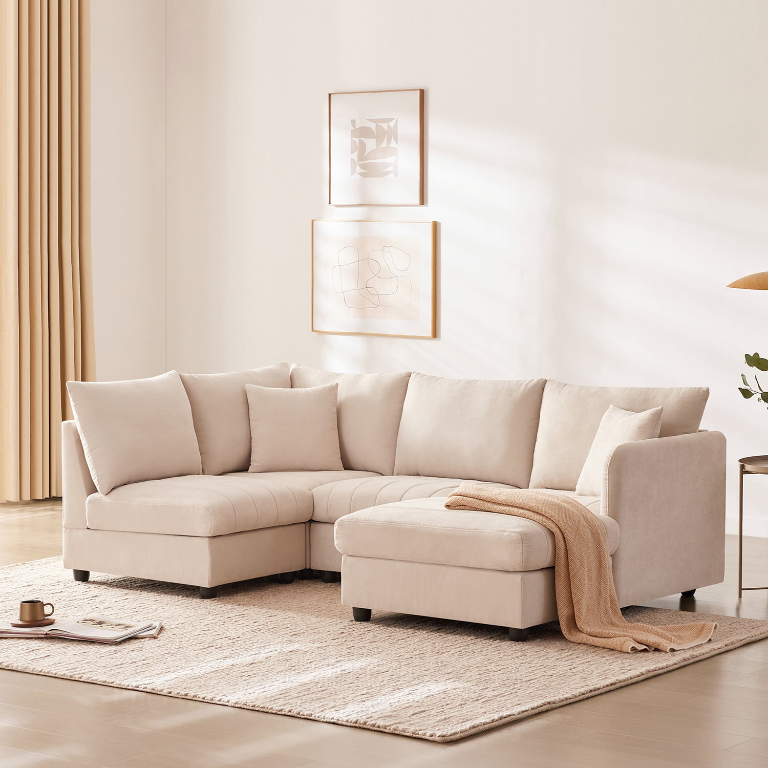 Hommoo Modern Sectional Sofa with 2 Pillows, 5-Seat L-Shaped Couch Sofa Set with Ottoman, Modern Indoor Living Room Furniture, for Various Combinations,Apartment, Beige