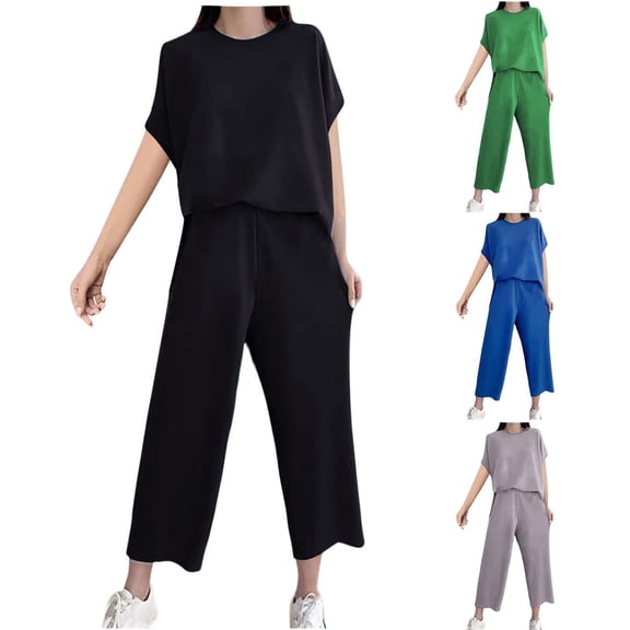 Bixock Women's 2 Piece Athleisure Set,Short Sleeve Long Pants Outfit,Leisure Loose Straight Leg Sports Outfit Set