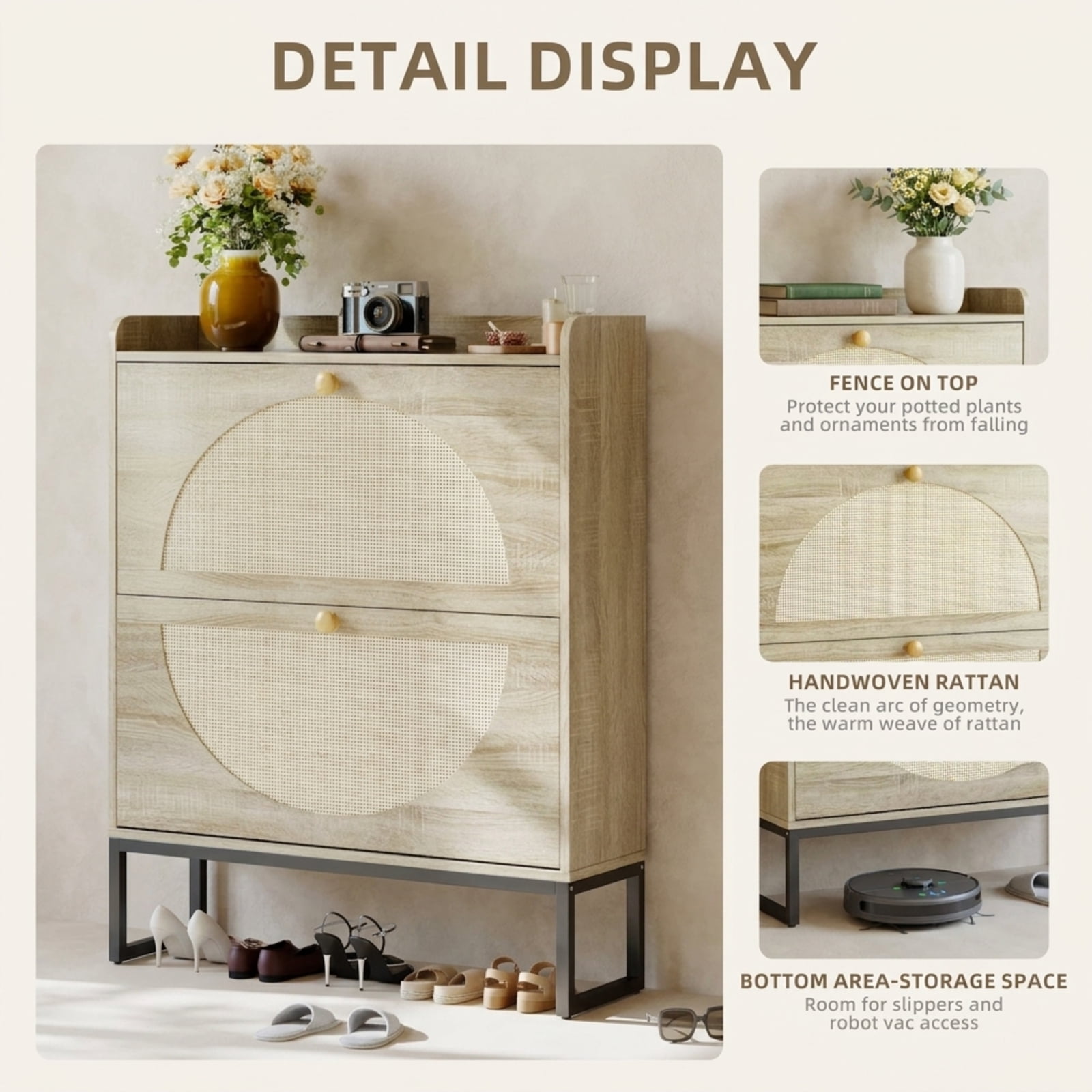Fenbeli Shoe Cabinet with Woven Rattan Doors, Slim Natural Wood Organizer with Adjustable Shelves, Freestanding Shoe Storage for Entryway Hallway and Bedroom